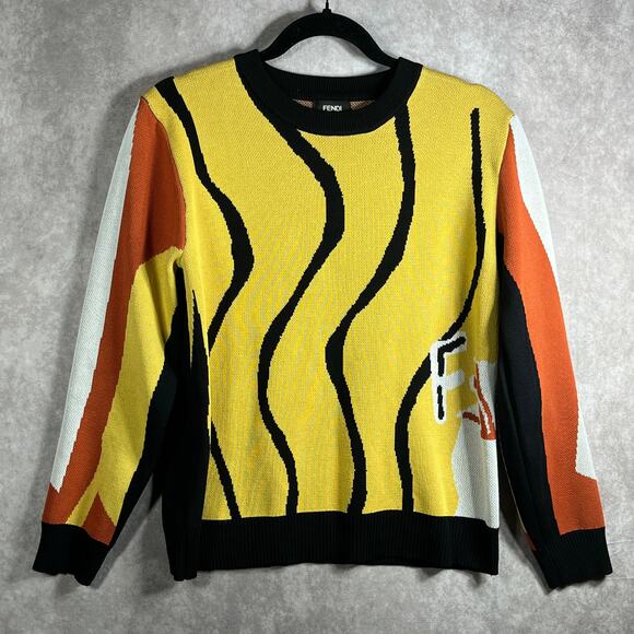 Fendi Sweater Mens Medium Multicolor Knit Crew‎ Neck Long Sleeves Pullover Italy